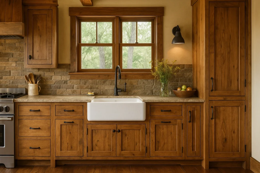 آشپزخانه روستیک با کابینت چوب طبیعی گرم، سینک فارمهاوس و بکاسپلش سنگی با یراق آهنی تیره