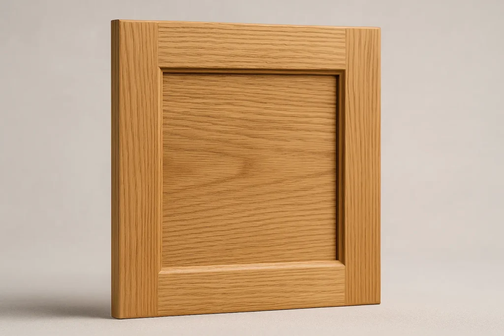 نمای نزدیک درِ کابینت روکش چوب بلوط با رگههای طبیعی