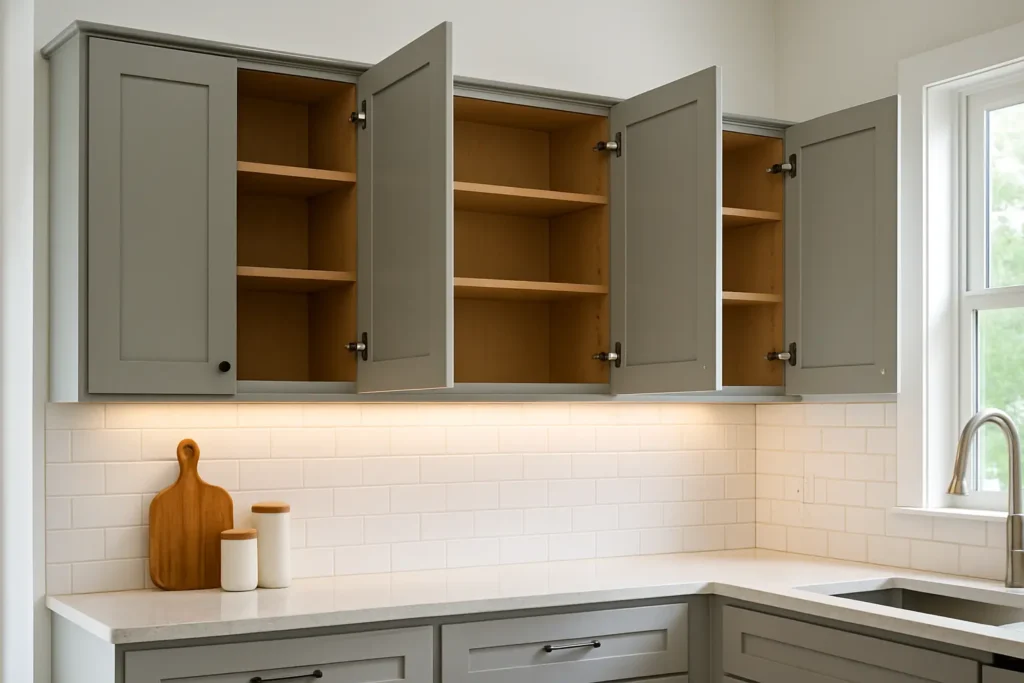 کابینتهای دیواری با درِ نیمهباز، بکاسپلش مترو تایل، نور زیرکابینتی