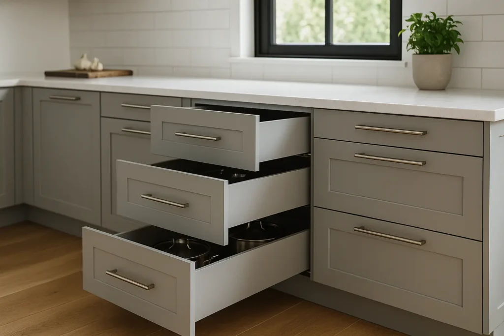 کشوهای عمیق باز، صفحه کوارتز روشن، نور طبیعی