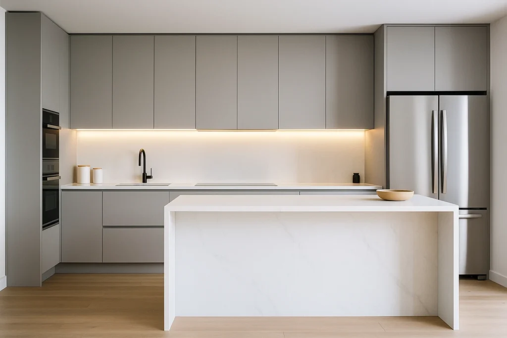 آشپزخانه مدرن با کابینتهای بدون دستگیره مات، جزیره واترفال کوارتز و نور خطی زیرکابینتی؛ خطوط صاف و یکدست