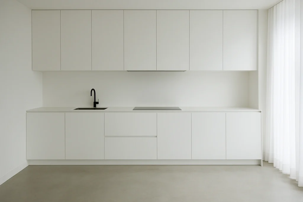 آشپزخانه مینیمال تمامسفید با کابینتهای فلت، سینک مشکی توکار و سطوح یکپارچه بدون جزئیات اضافی