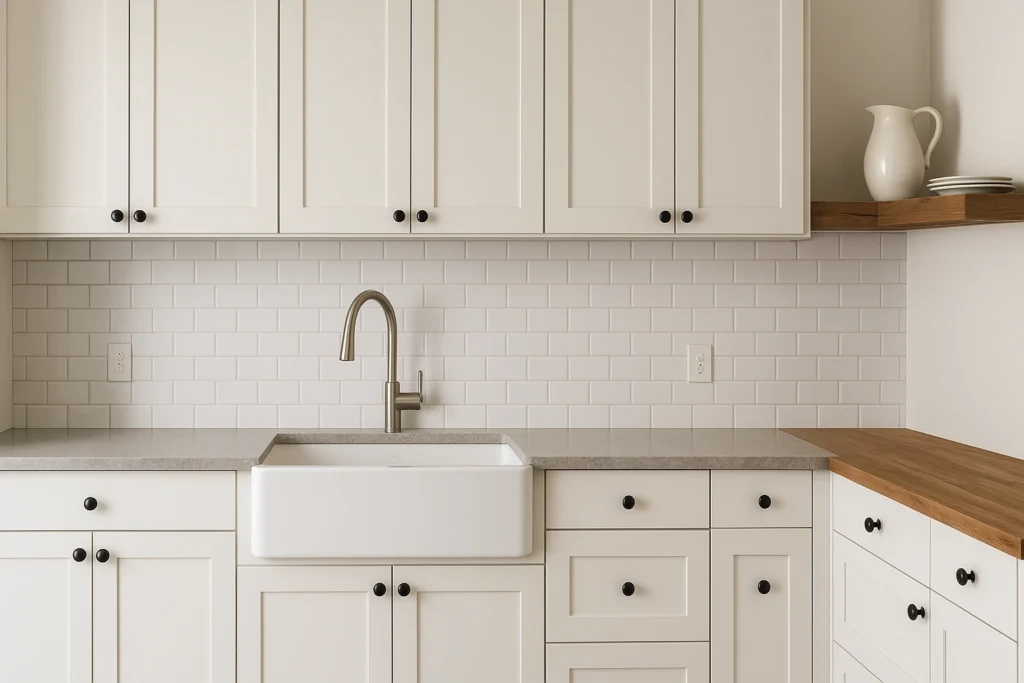 کابینت شیکر سفید با دستگیره مشکی، بکاسپلش متروتایل و قفسه چوبی؛ ترکیب ساده و کاربردی